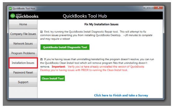 open quickbooks tool hub and select installation issues.
