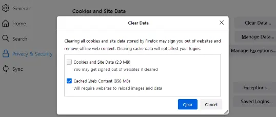 Clear data in Firefox