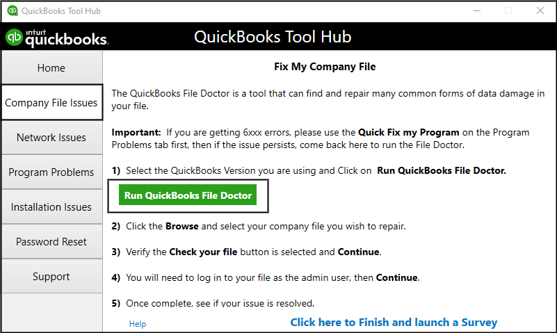 run the file doctor tool using the tool hub to resolve intuit quickbooks error H202
