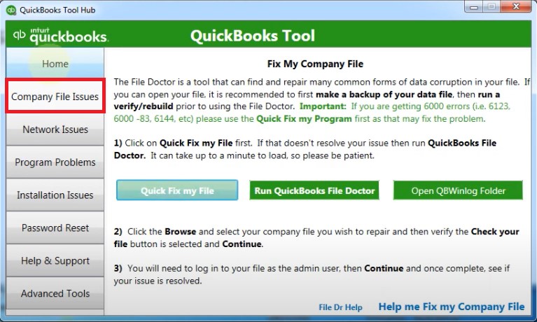 qb company file issues in tool hub