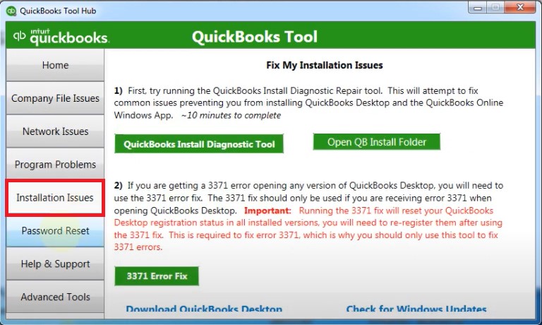 fix installation issues through qb tool hub