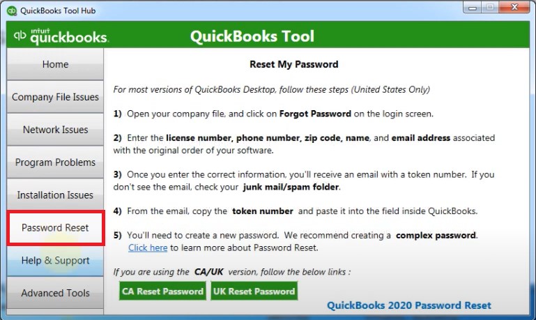 password reset tool in qb tool hub 