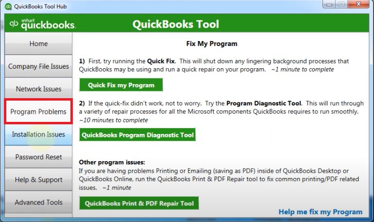 find program problems tab in qb hub 