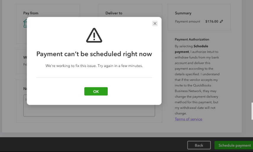 why my QuickBooks payment can't be scheduled