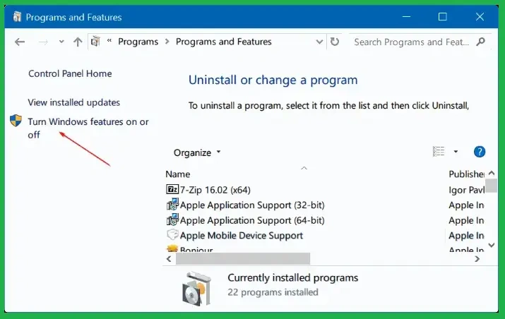 Turn Windows Features on or off